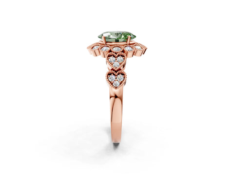 Rose gold Fancy Green Oval Cut Brilliant Milgrain Pave Heart Band Solitaire Ring_2
