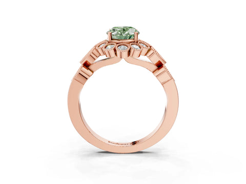Rose gold Fancy Green Oval Cut Brilliant Milgrain Pave Heart Band Solitaire Ring_3