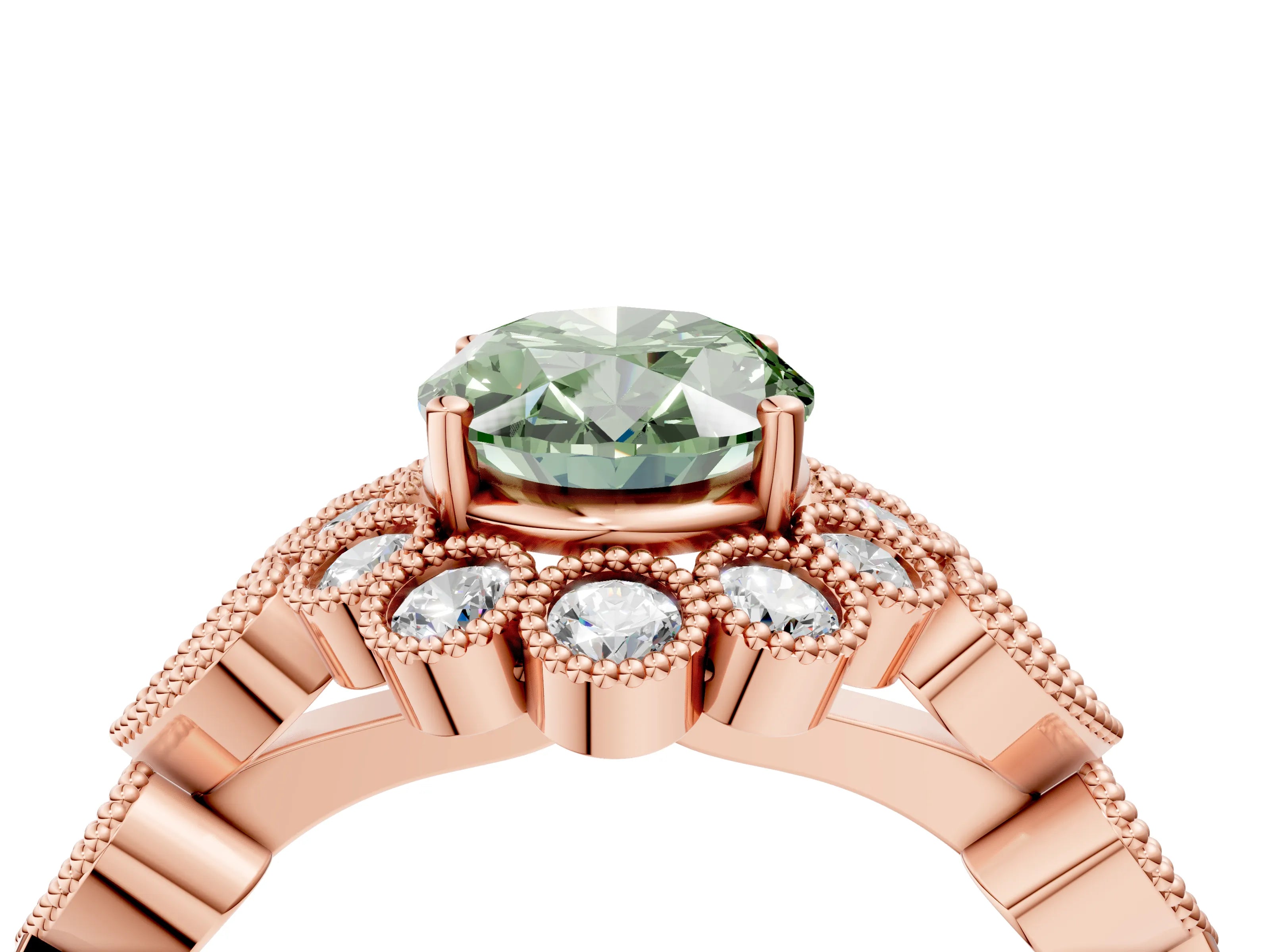 Rose gold Fancy Green Oval Cut Brilliant Milgrain Pave Heart Band Solitaire Ring_4