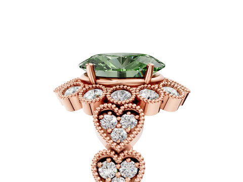 Rose gold Fancy Green Oval Cut Brilliant Milgrain Pave Heart Band Solitaire Ring_5