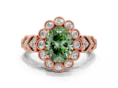 Rose gold Fancy Green Oval Cut Brilliant Milgrain Pave Heart Band Solitaire Ring
