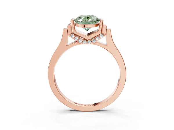 Rose gold Fancy Green Oval Cut Brilliant Solitaire Diamond Ring with Channel Set Band and Bar Prong Setting