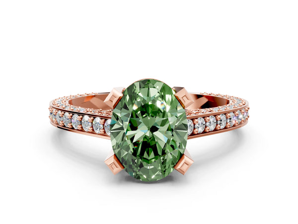 Rose gold Fancy Green Oval Cut Brilliant Split Shank Pave Solitaire Ring with Four-Prong Setting