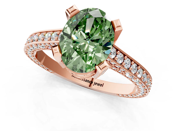 Rose gold Fancy Green Oval Cut Brilliant Split Shank Pave Solitaire Ring with Four-Prong Setting