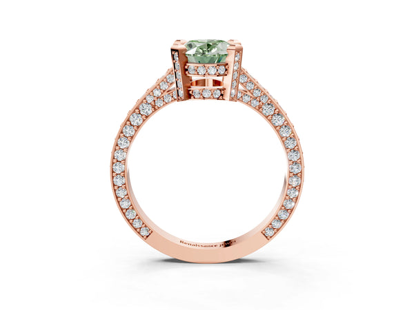 Rose gold Fancy Green Oval Cut Brilliant Split Shank Pave Solitaire Ring with Four-Prong Setting