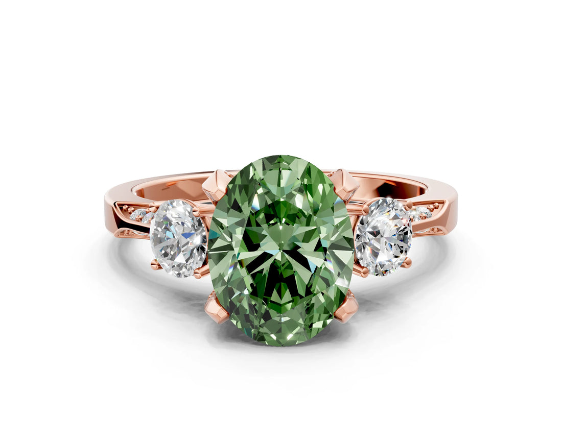 Rose gold Fancy Green Oval Cut Brilliant Three-Stone Diamond Ring with Pavé Band and Four-Prong Setting_3
