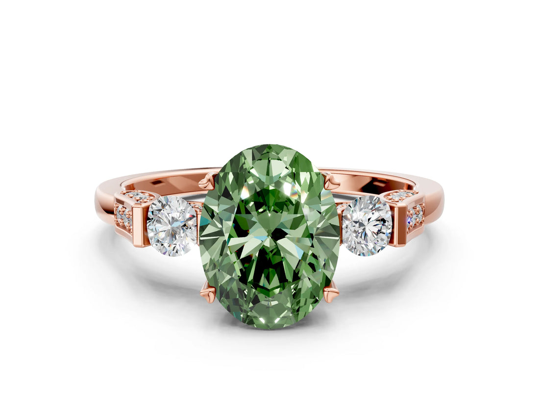 Rose gold Fancy Green Oval Cut Brilliant Three-Stone Pave Band with Four-Prong Setting