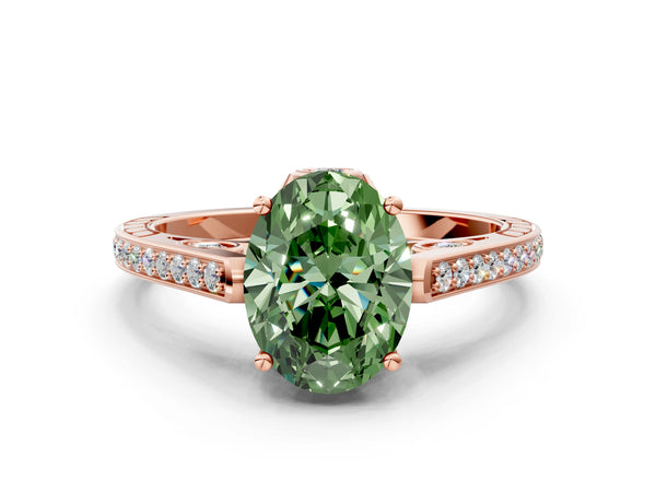 Rose gold Fancy Green Oval  Cut Cathedral Pave Diamond Engagement Ring with Six-Prong Setting