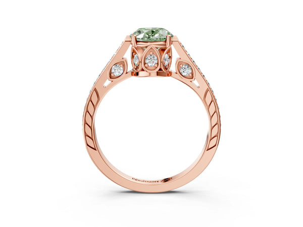 Rose gold Fancy Green Oval  Cut Cathedral Pave Diamond Engagement Ring with Six-Prong Setting