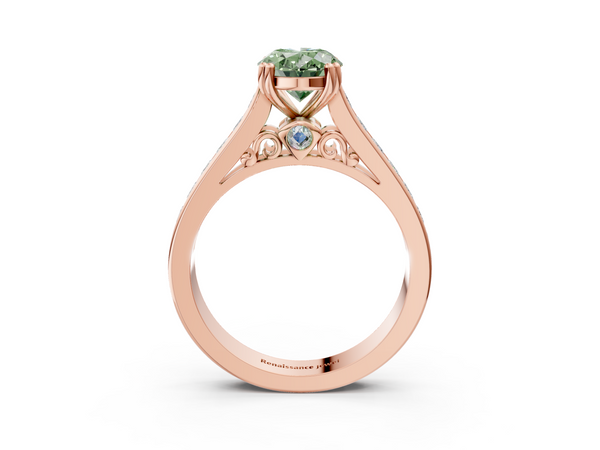 Rose Gold Oval Channel Set Solitaire Engagement Ring Setting for Fancy Green Center with Double Claw Prongs