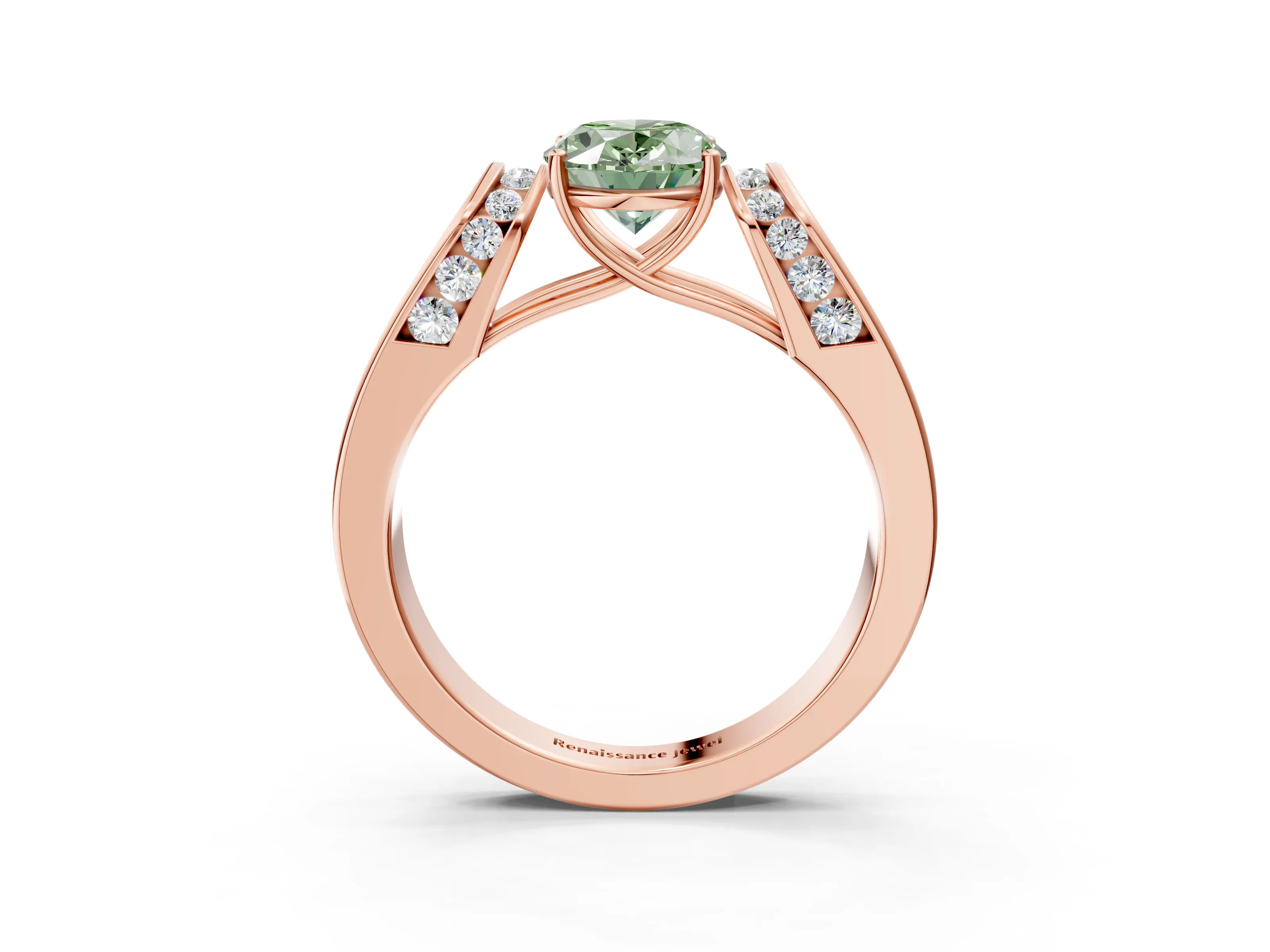 Rose gold Fancy Green Oval Cut Cut Diamond Channel Set Solitaire Ring with Four-Prong Setting_3