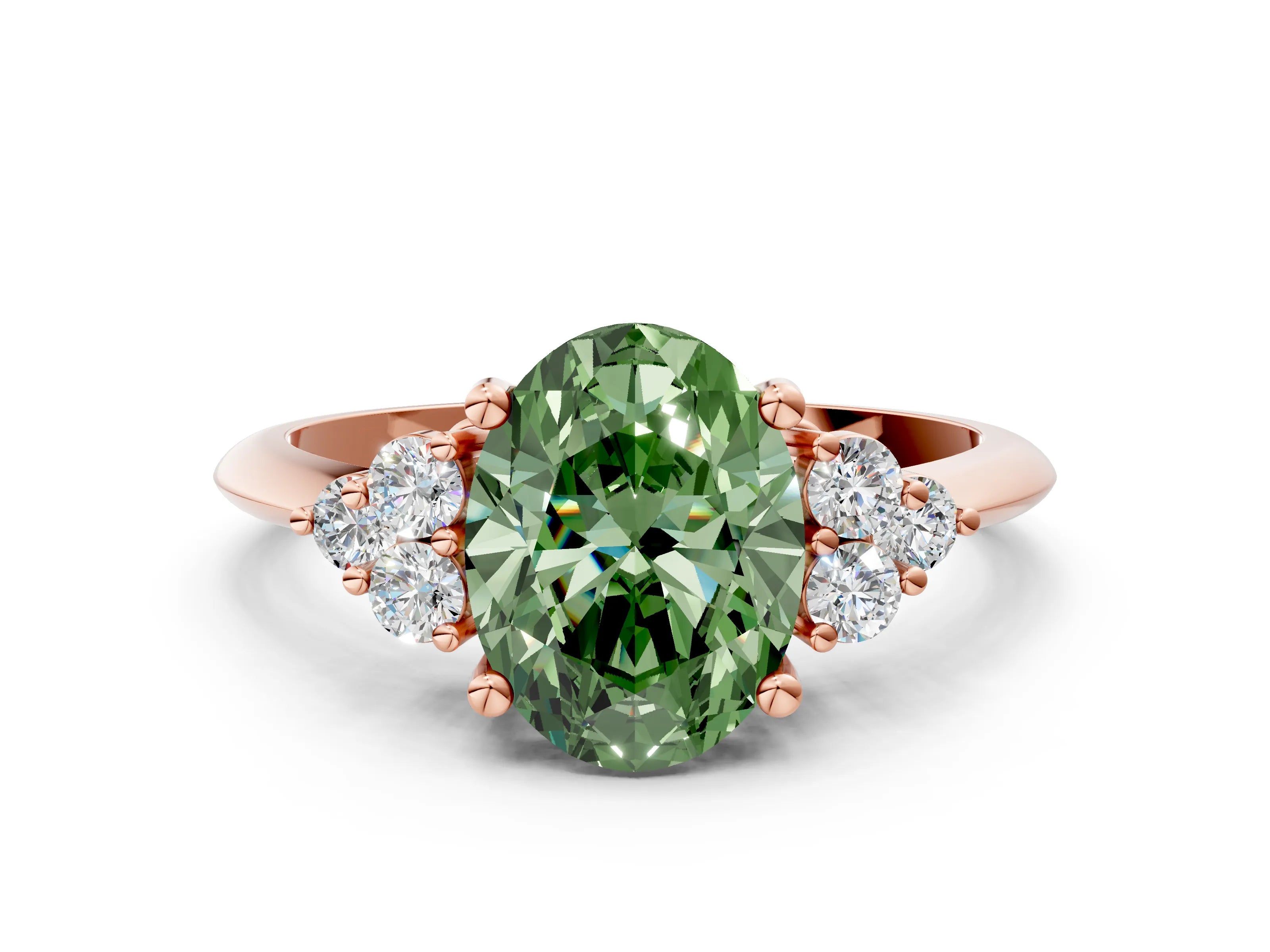 Rose gold Fancy Green Oval Cut Cut Diamond Cluster Ring with Solitaire Band and Four-Prong Setting_12