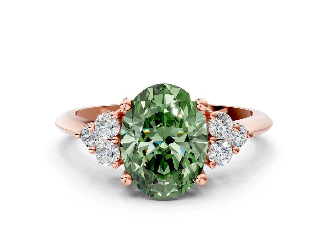 Rose gold Fancy Green Oval Cut Cut Diamond Cluster Ring with Solitaire Band and Four-Prong Setting_12