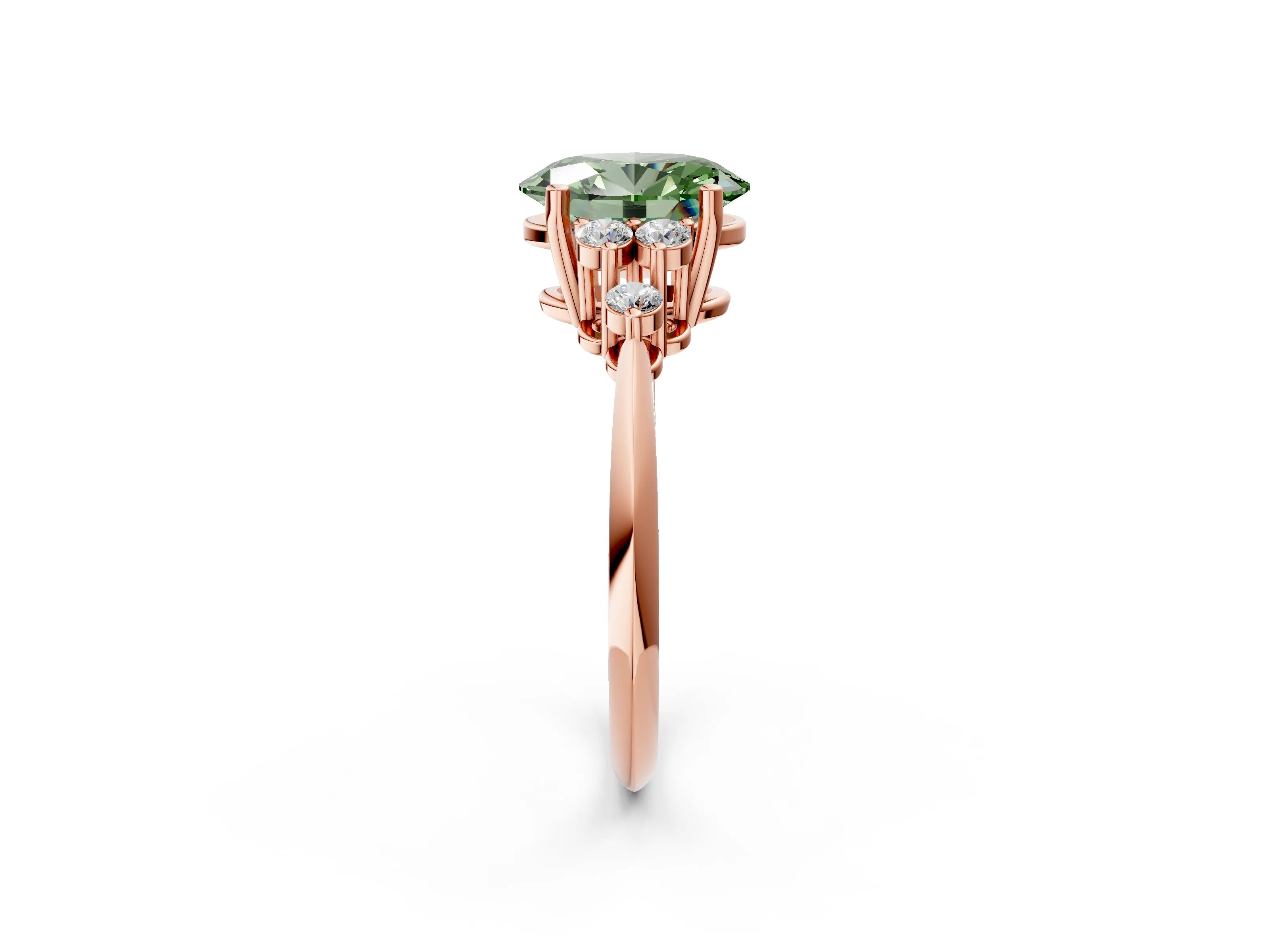 Rose gold Fancy Green Oval Cut Cut Diamond Cluster Ring with Solitaire Band and Four-Prong Setting_14