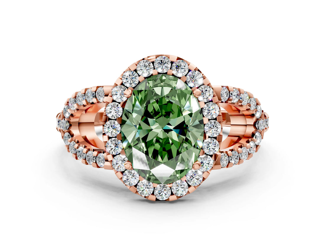 Rose gold Fancy Green Oval Cut Cut Diamond Halo Engagement Ring with Open Split Pavé Band