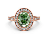 Rose gold Fancy Green Oval Cut-Cut Diamond Halo Engagement Ring with Pave Band and Prong Setting
