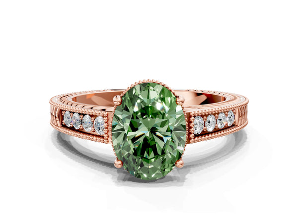 Rose gold Fancy Green Oval Cut Cut Diamond Milgrain Pave Band Four-Prong Setting Ring