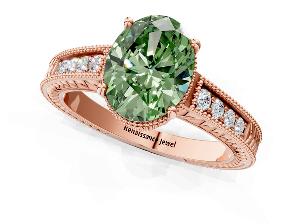 Rose gold Fancy Green Oval Cut Cut Diamond Milgrain Pave Band Four-Prong Setting Ring