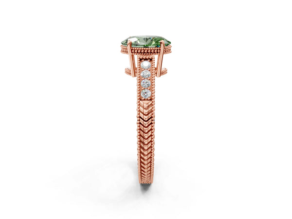 Rose gold Fancy Green Oval Cut Cut Diamond Milgrain Pave Band Four-Prong Setting Ring