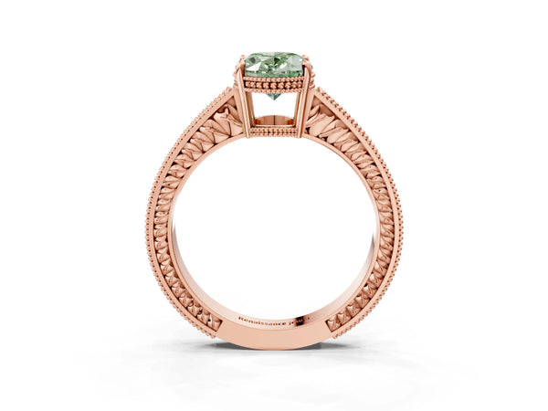 Rose gold Fancy Green Oval Cut Cut Diamond Milgrain Pave Band Four-Prong Setting Ring