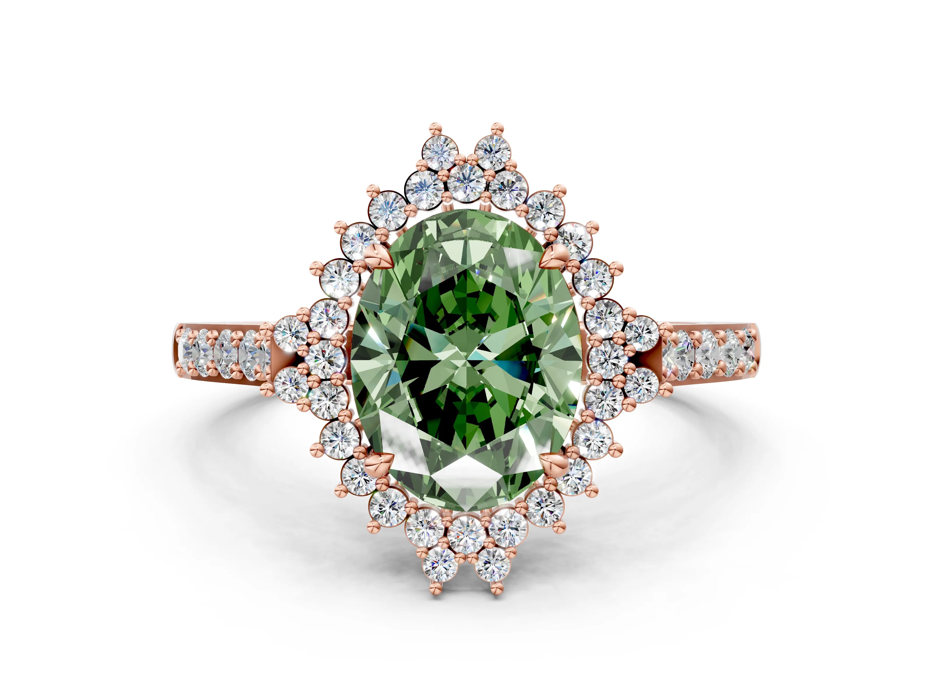 Rose gold Fancy Green Oval Cut Cut Diamond Sunburst Halo Engagement Ring with Pavé Band_12