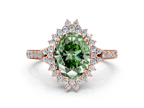 Rose gold Fancy Green Oval Cut Cut Diamond Sunburst Halo Engagement Ring with Pavé Band_12