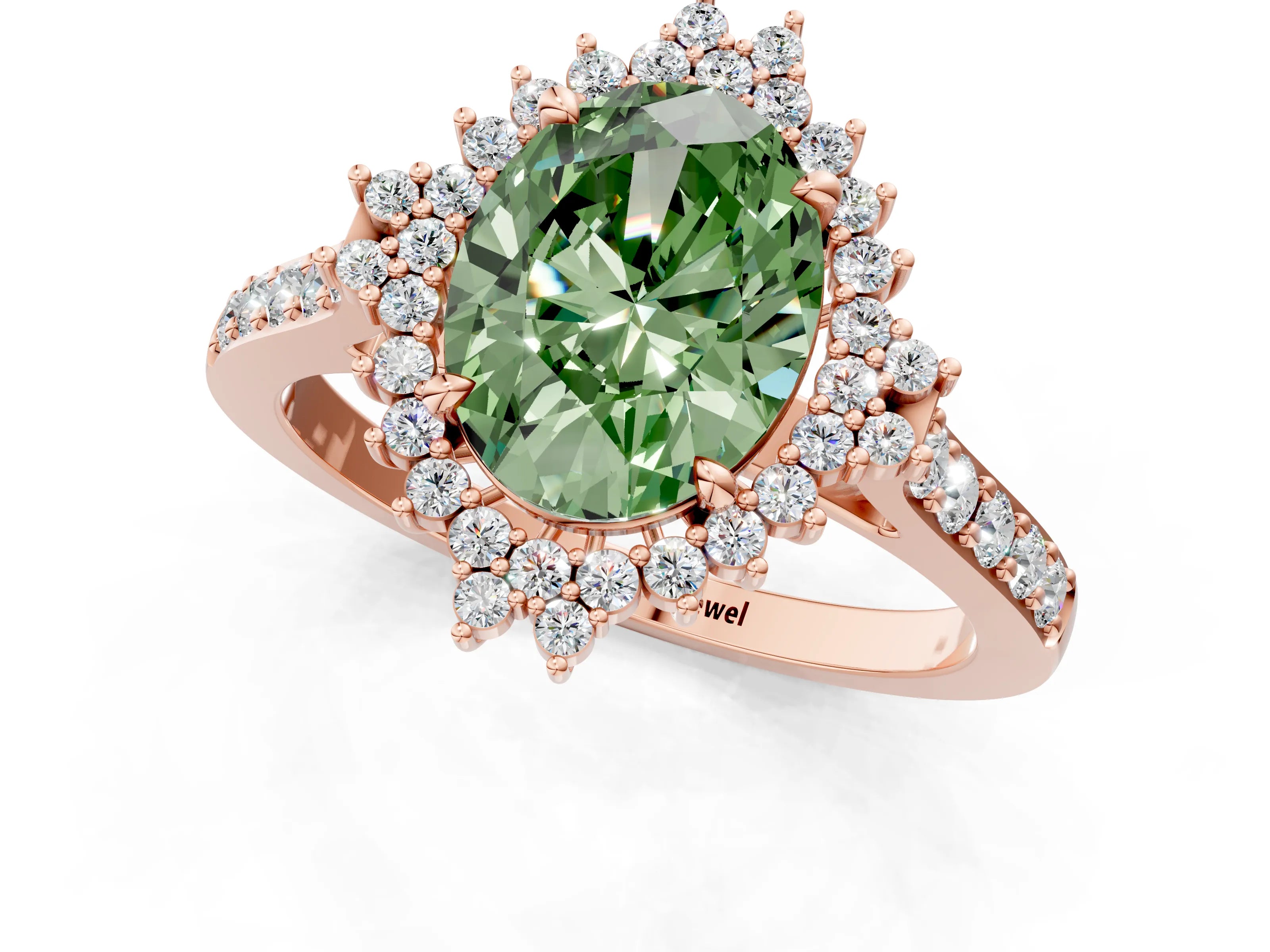Rose gold Fancy Green Oval Cut Cut Diamond Sunburst Halo Engagement Ring with Pavé Band_13