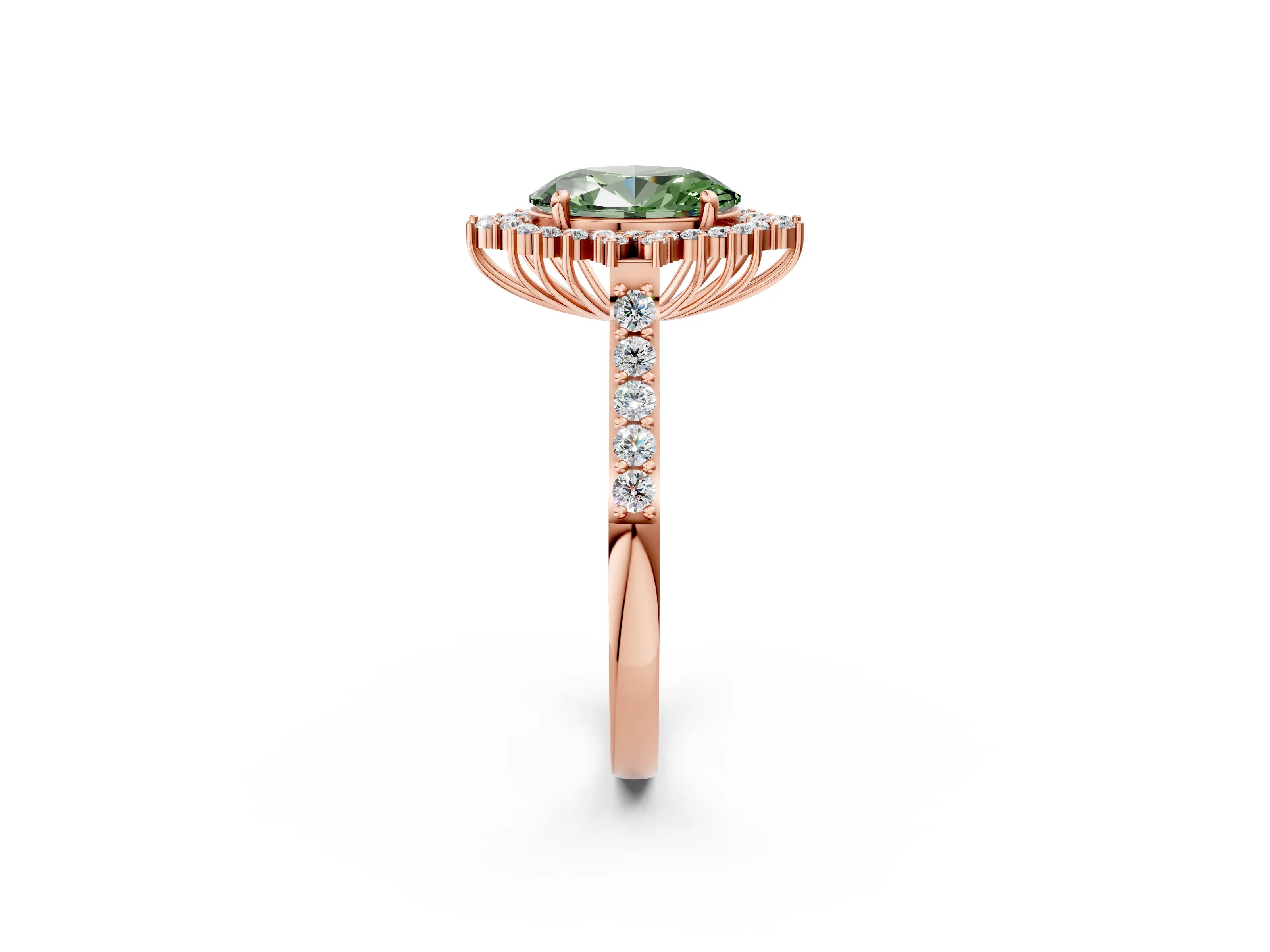 Rose gold Fancy Green Oval Cut Cut Diamond Sunburst Halo Engagement Ring with Pavé Band_14