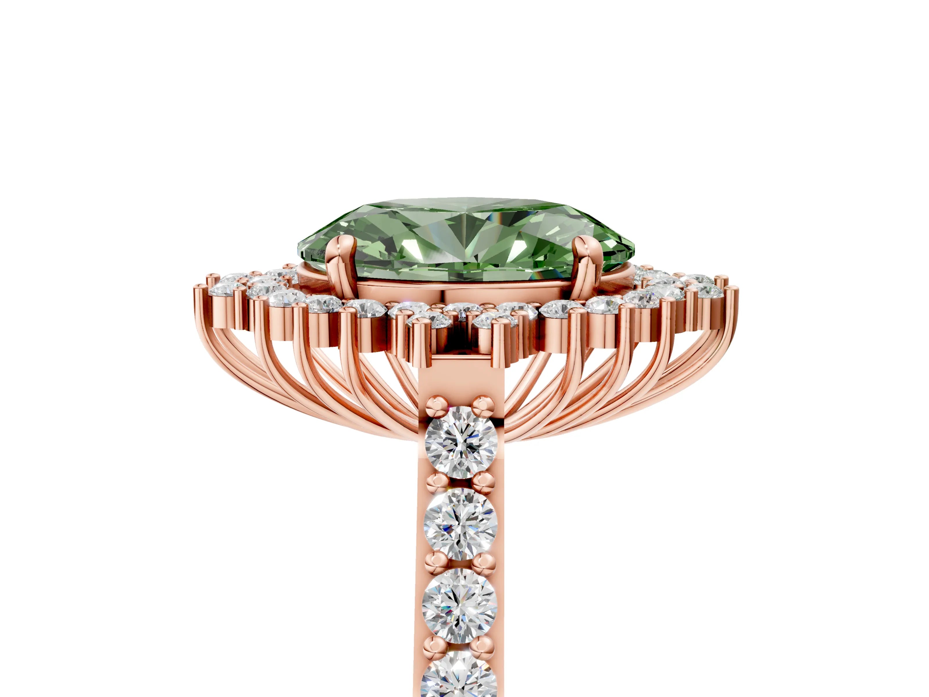 Rose gold Fancy Green Oval Cut Cut Diamond Sunburst Halo Engagement Ring with Pavé Band_17
