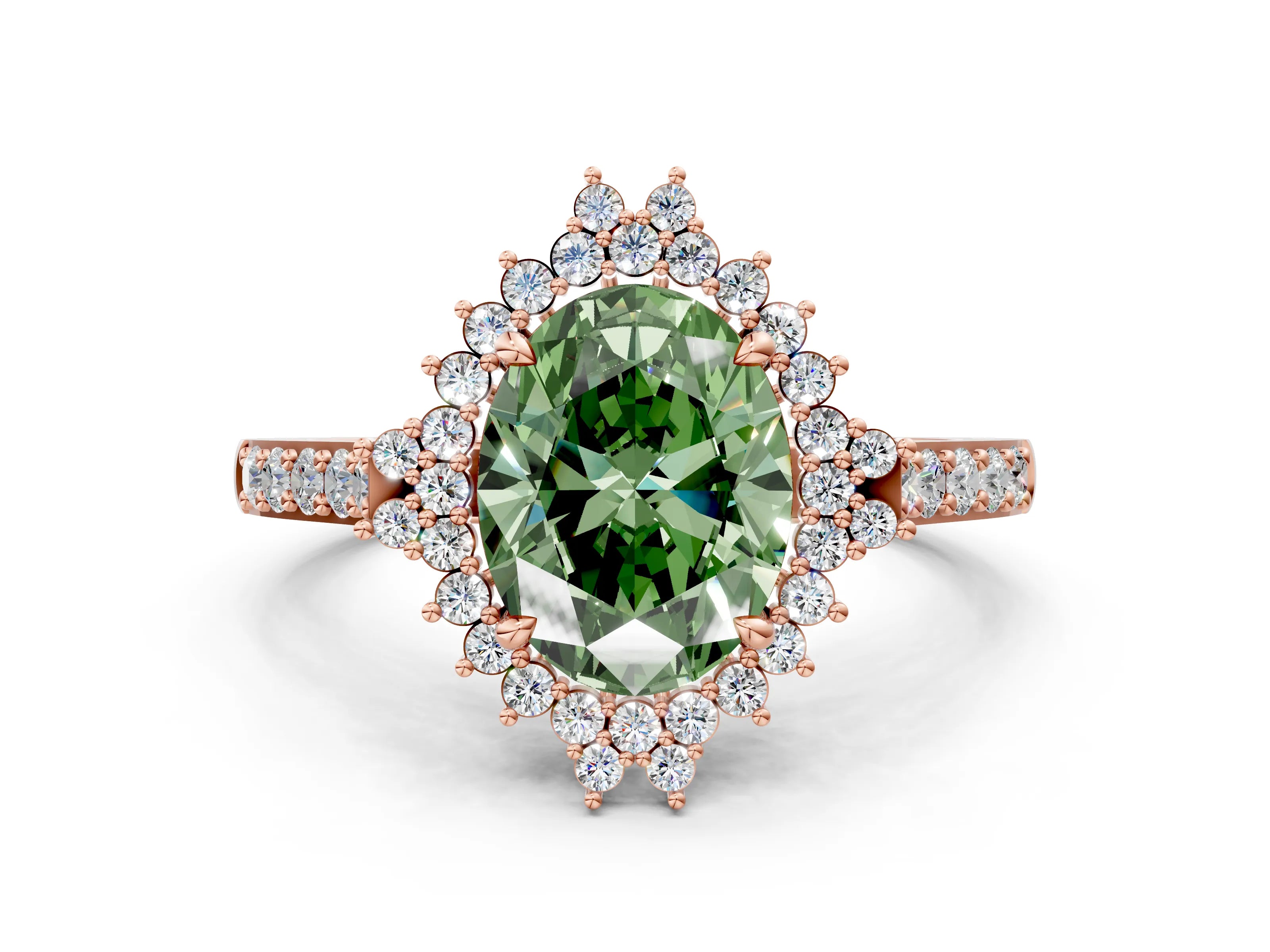 Rose gold Fancy Green Oval Cut Cut Diamond Sunburst Halo Engagement Ring with Pavé Band_24