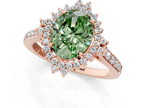 Rose gold Fancy Green Oval Cut Cut Diamond Sunburst Halo Engagement Ring with Pavé Band_25