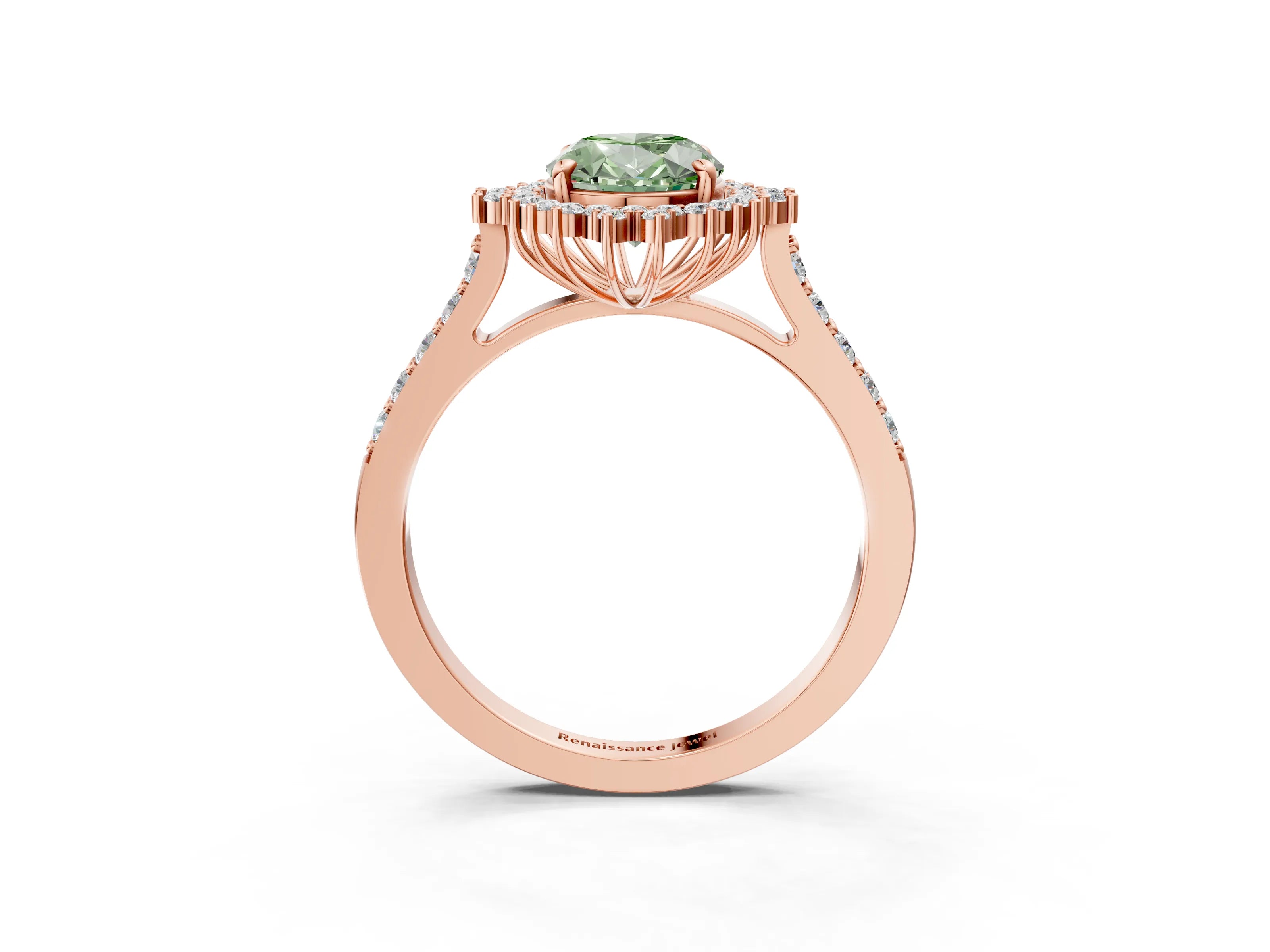 Rose gold Fancy Green Oval Cut Cut Diamond Sunburst Halo Engagement Ring with Pavé Band_27