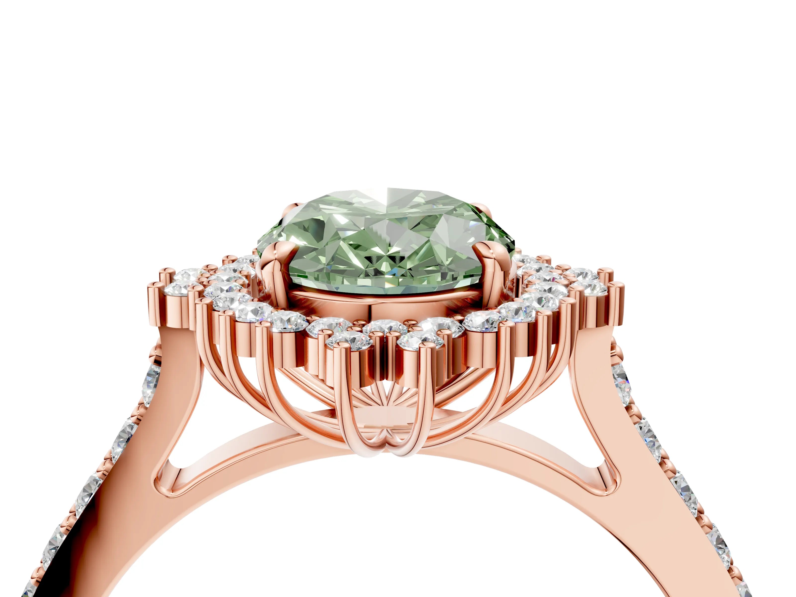 Rose gold Fancy Green Oval Cut Cut Diamond Sunburst Halo Engagement Ring with Pavé Band_28