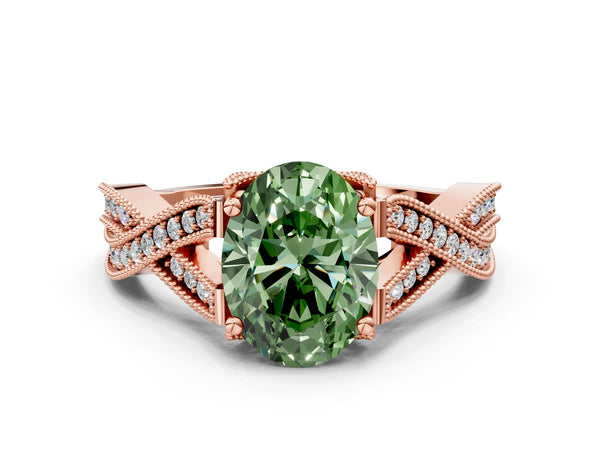 Rose gold Fancy Green Oval Cut Cut Diamond Twisted Band with Milgrain Pave Setting and Four-Prong Setting