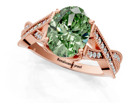 Rose gold Fancy Green Oval Cut Cut Diamond Twisted Band with Milgrain Pave Setting and Four-Prong Setting_1
