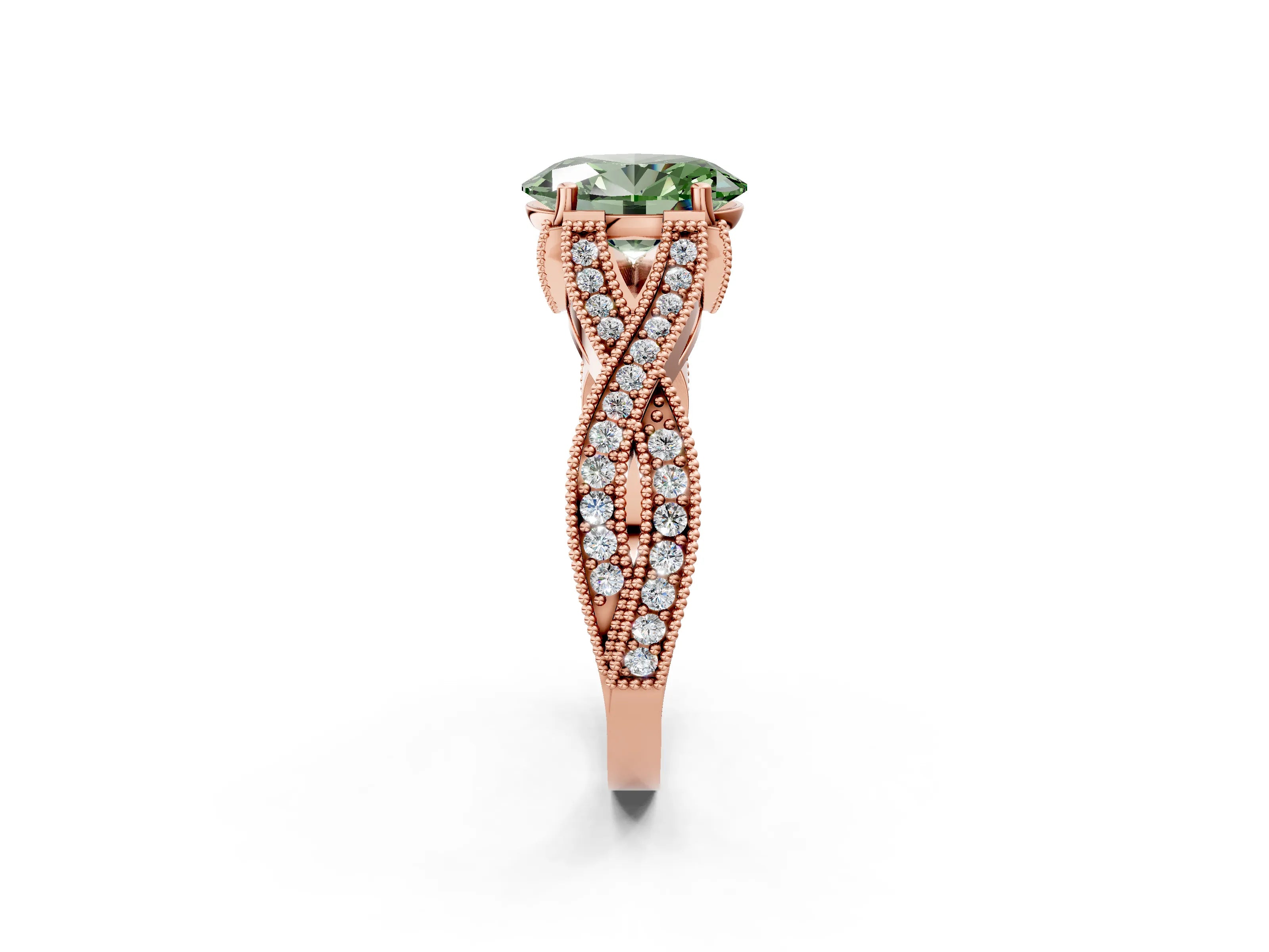 Rose gold Fancy Green Oval Cut Cut Diamond Twisted Band with Milgrain Pave Setting and Four-Prong Setting_2