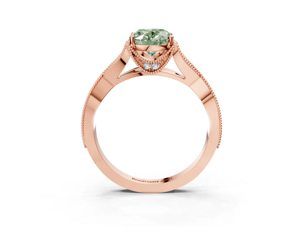 Rose gold Fancy Green Oval Cut Cut Diamond Twisted Band with Milgrain Pave Setting and Four-Prong Setting