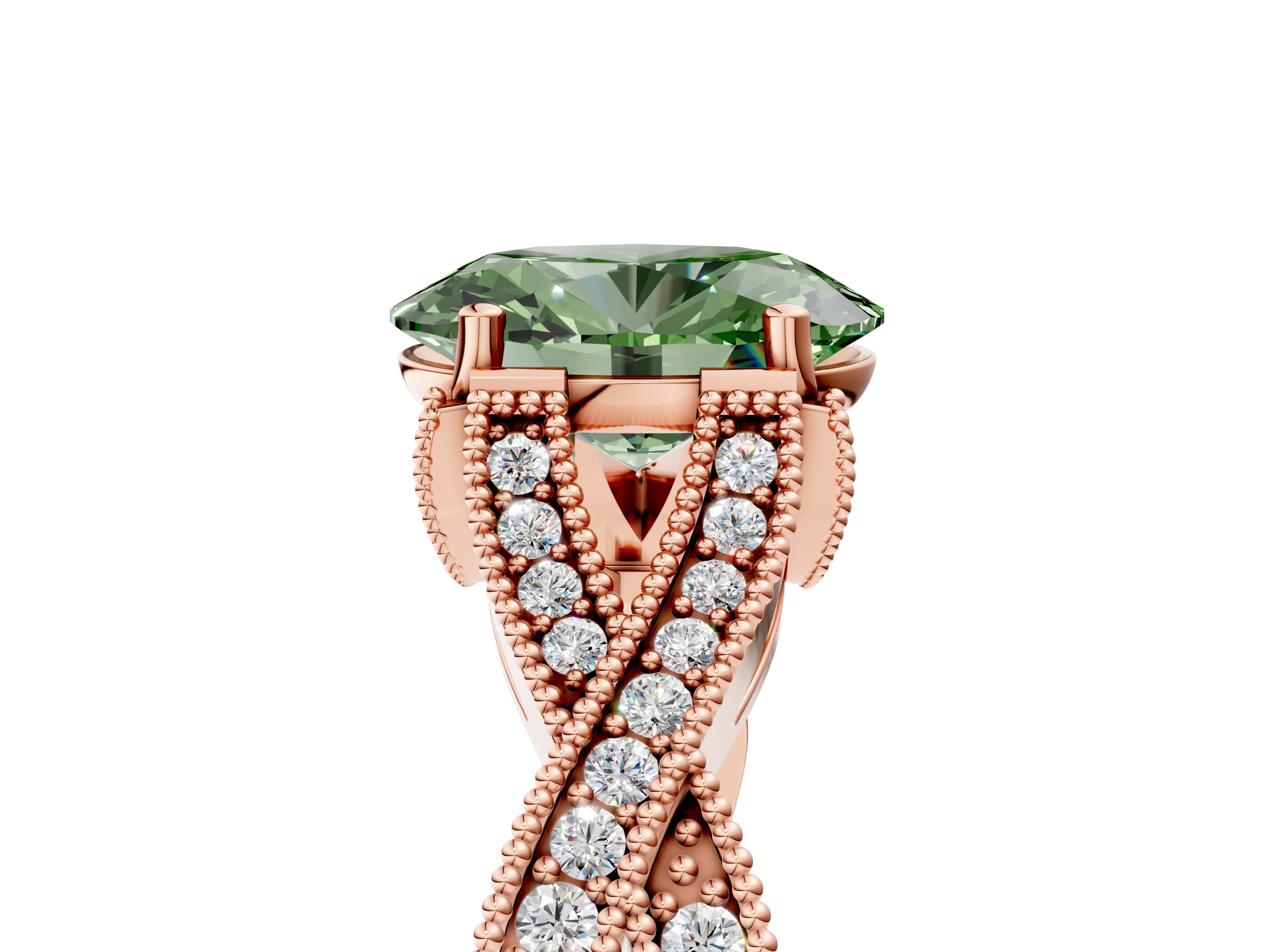 Rose gold Fancy Green Oval Cut Cut Diamond Twisted Band with Milgrain Pave Setting and Four-Prong Setting_5
