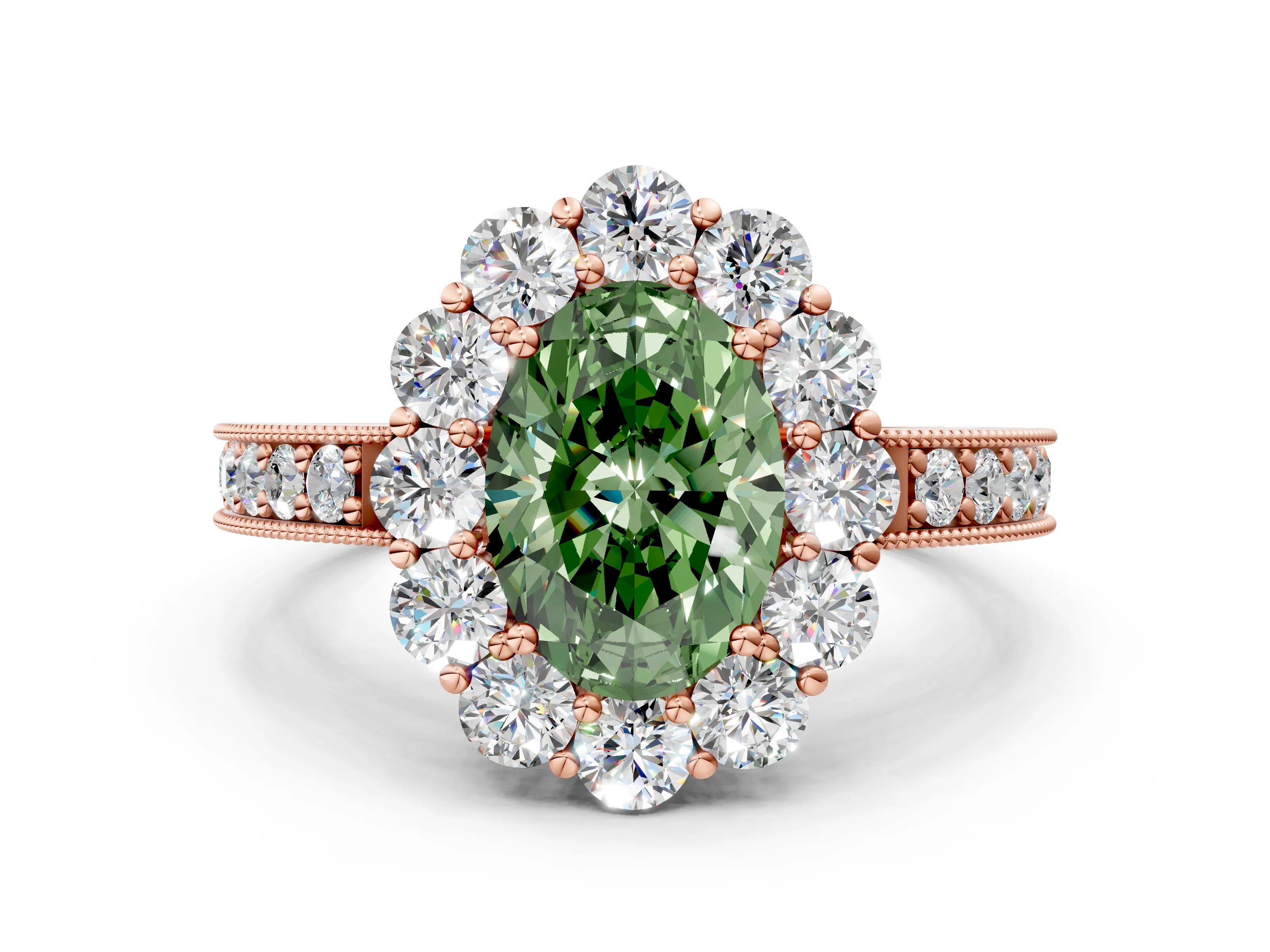 Rose gold Fancy Green Oval Cut Cut Halo Diamond Pavé Engagement Ring with Milgrain Detailing
