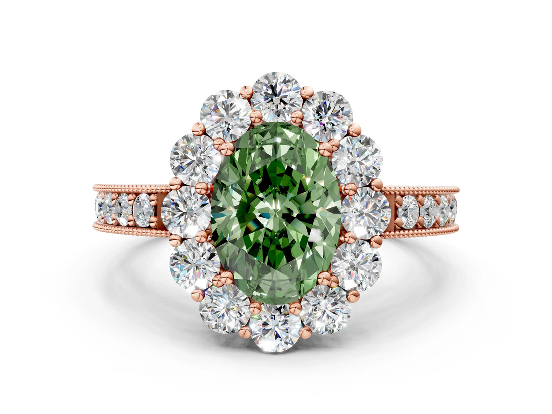Rose gold Fancy Green Oval Cut Cut Halo Diamond Pavé Engagement Ring with Milgrain Detailing