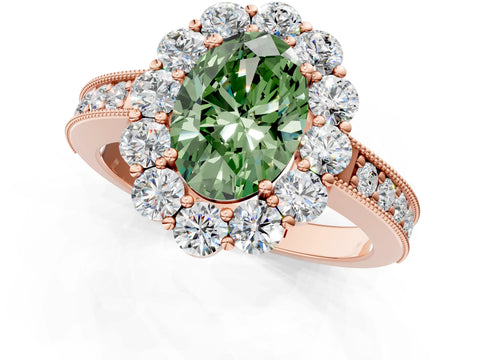 Rose gold Fancy Green Oval Cut Cut Halo Diamond Pavé Engagement Ring with Milgrain Detailing_1