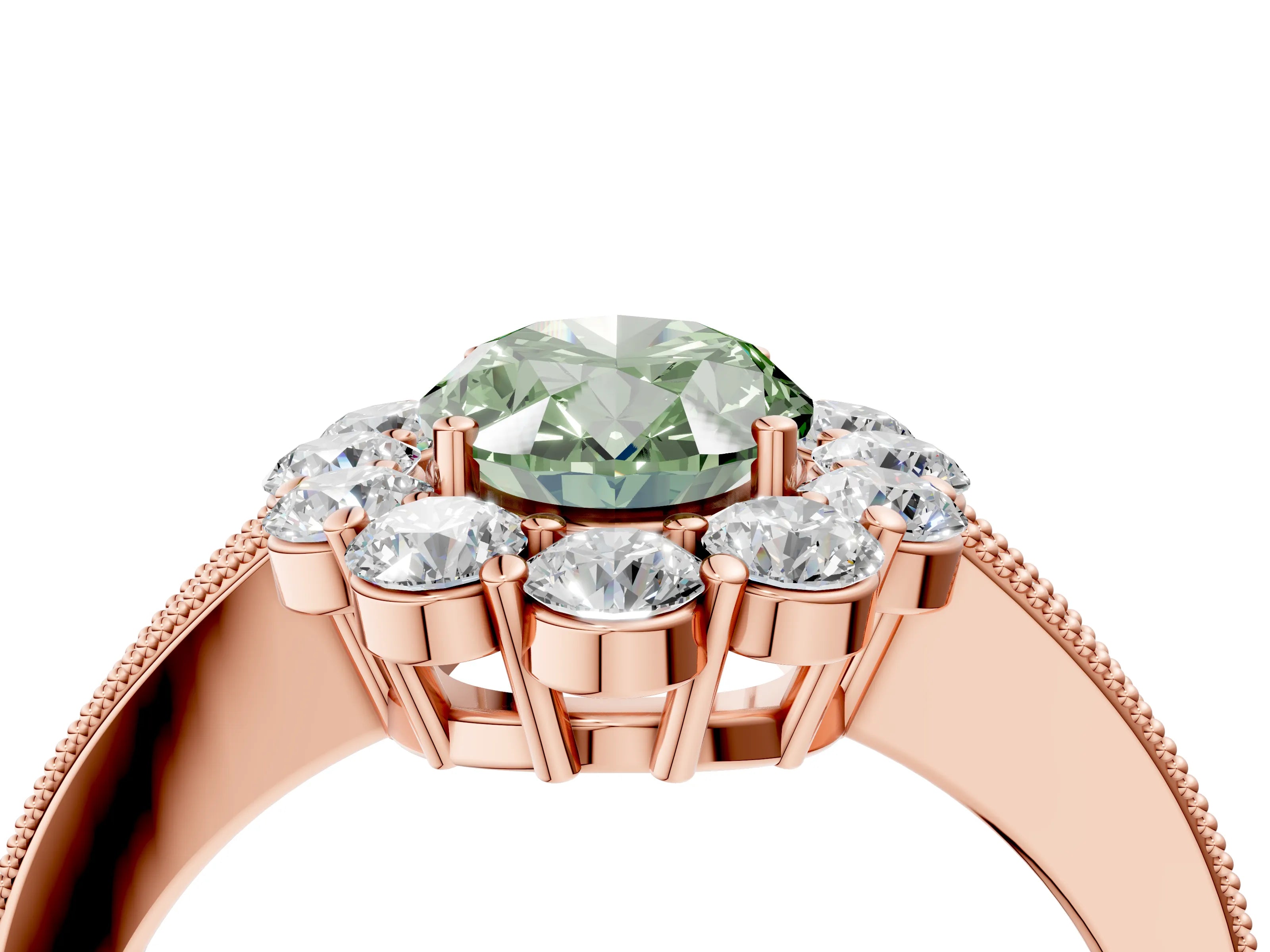 Rose gold Fancy Green Oval Cut Cut Halo Diamond Pavé Engagement Ring with Milgrain Detailing_4