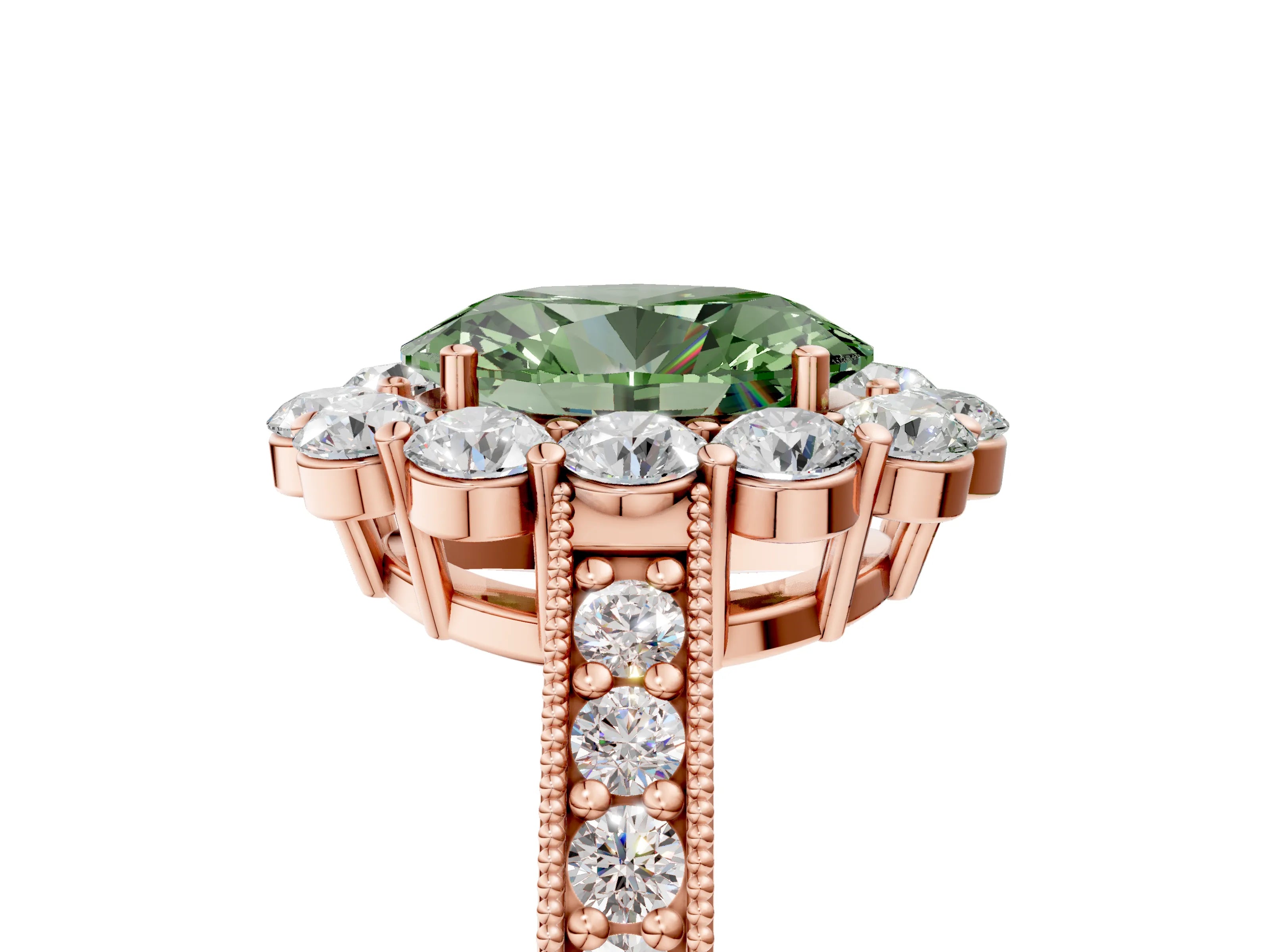 Rose gold Fancy Green Oval Cut Cut Halo Diamond Pavé Engagement Ring with Milgrain Detailing_5