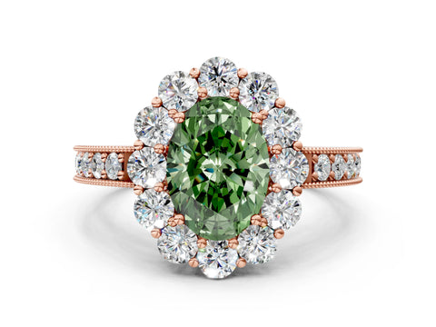 Rose gold Fancy Green Oval Cut Cut Halo Diamond Pavé Engagement Ring with Milgrain Detailing