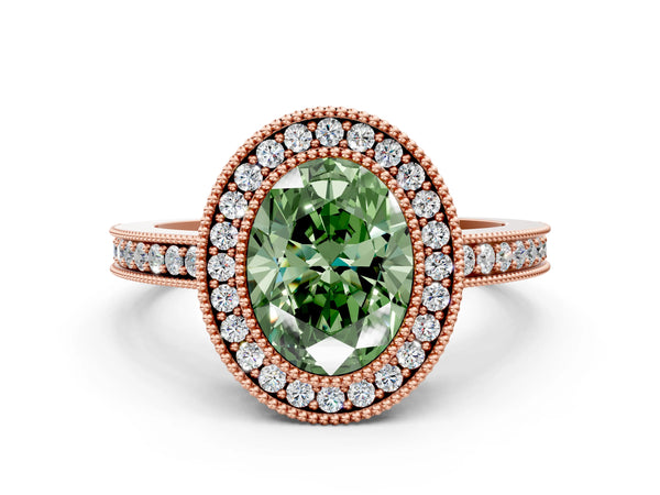 Rose Gold Oval Double Milgrain Halo Engagement Ring Setting for Fancy Green Center