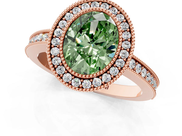 Rose Gold Oval Double Milgrain Halo Engagement Ring Setting for Fancy Green Center
