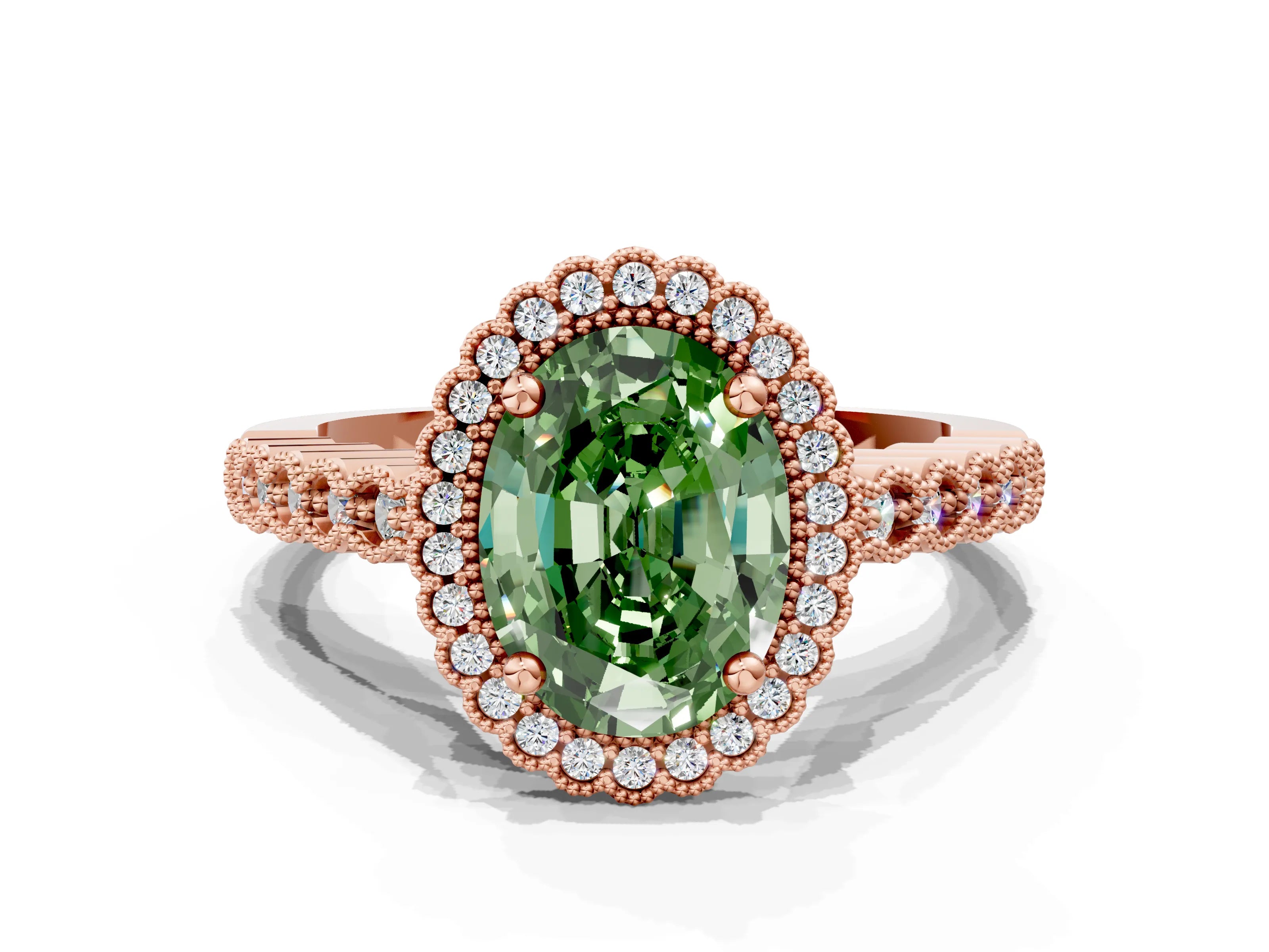Rose gold Fancy Green Oval Cut Cut Halo Pavé Solitaire Ring with Milgrain Band