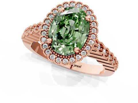 Rose gold Fancy Green Oval Cut Cut Halo Pavé Solitaire Ring with Milgrain Band_1