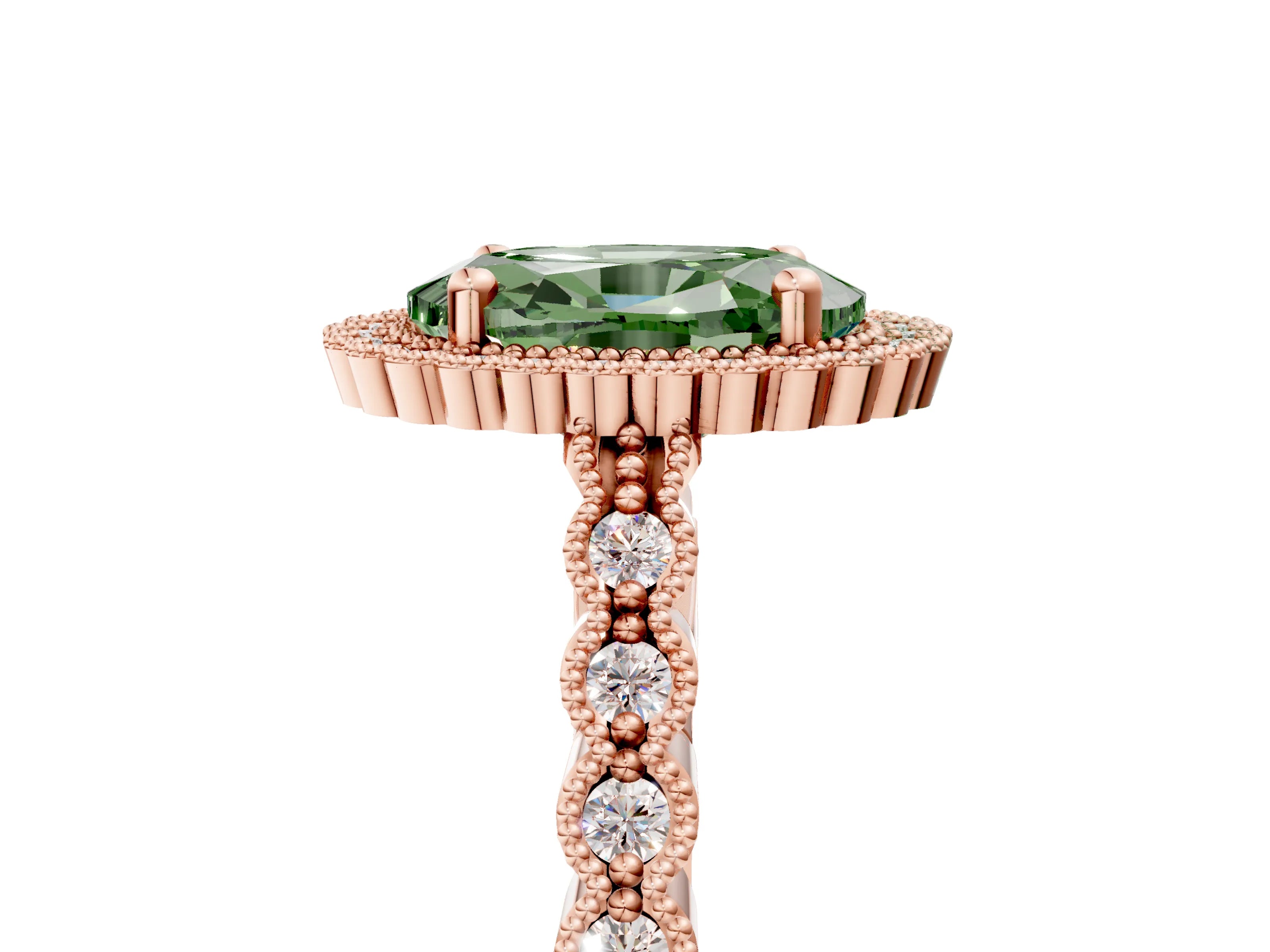 Rose gold Fancy Green Oval Cut Cut Halo Pavé Solitaire Ring with Milgrain Band_5