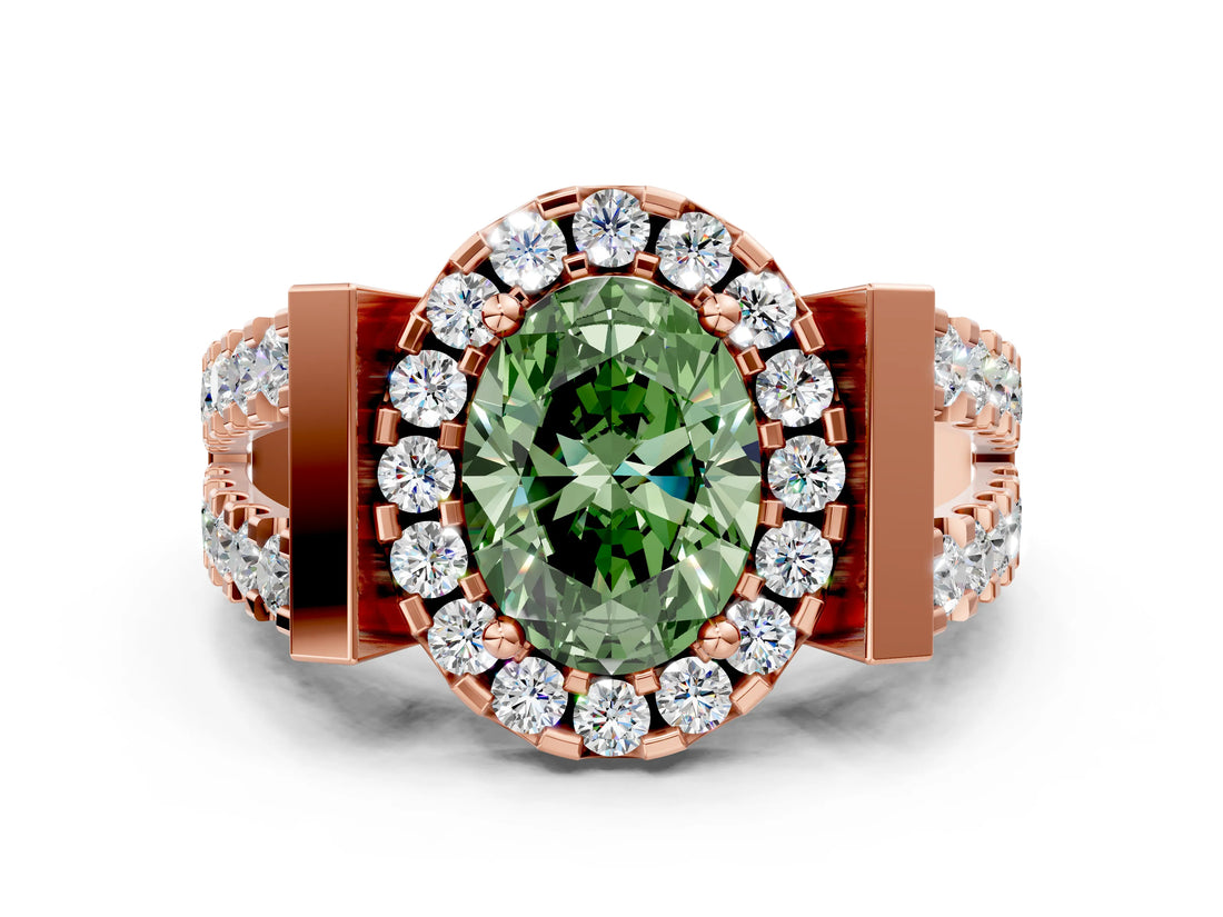 Rose gold Fancy Green Oval Cut Cut Halo Split Shank Prong Set Ring